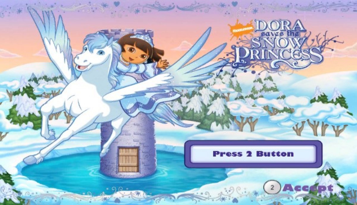 Dora the Explorer: Dora Saves the Snow Princess title screen art for Nintendo Wii (Wii) video game 