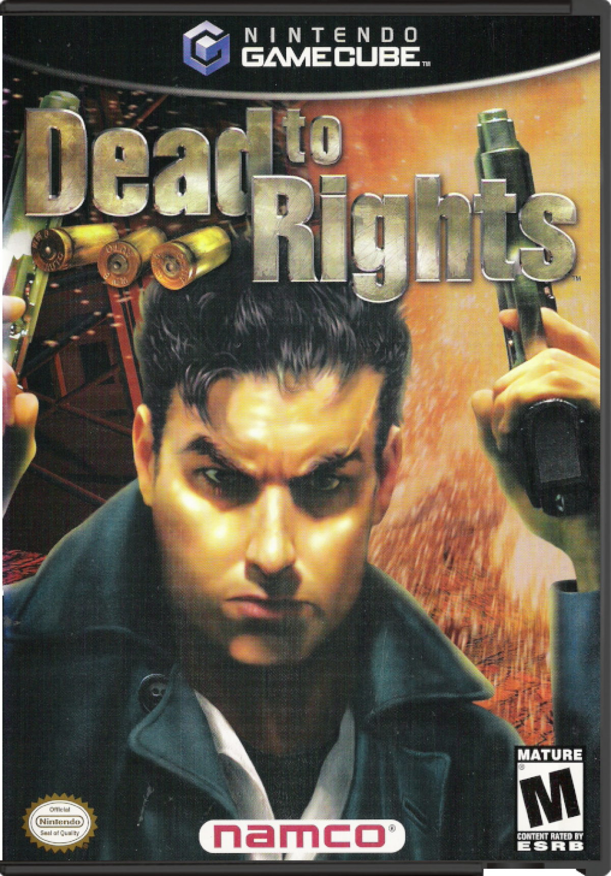 Dead to Rights for Nintendo GameCube (GC) at Gamers INC, featuring the gritty, noir-inspired action thriller where you play as framed cop Jack Slate, fighting through a corrupt city with the help of your K-9 partner Shadow to clear your name, utilizing cinematic "bullet time" slow-motion, brutal disarms, and intense gunplay in a hard-boiled tale of revenge and justice front cover