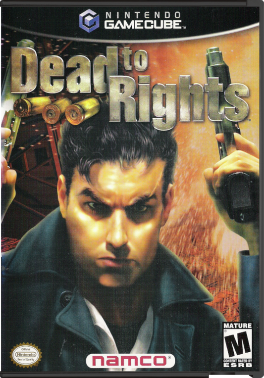 Dead to Rights for Nintendo GameCube (GC) at Gamers INC, featuring the gritty, noir-inspired action thriller where you play as framed cop Jack Slate, fighting through a corrupt city with the help of your K-9 partner Shadow to clear your name, utilizing cinematic "bullet time" slow-motion, brutal disarms, and intense gunplay in a hard-boiled tale of revenge and justice front cover