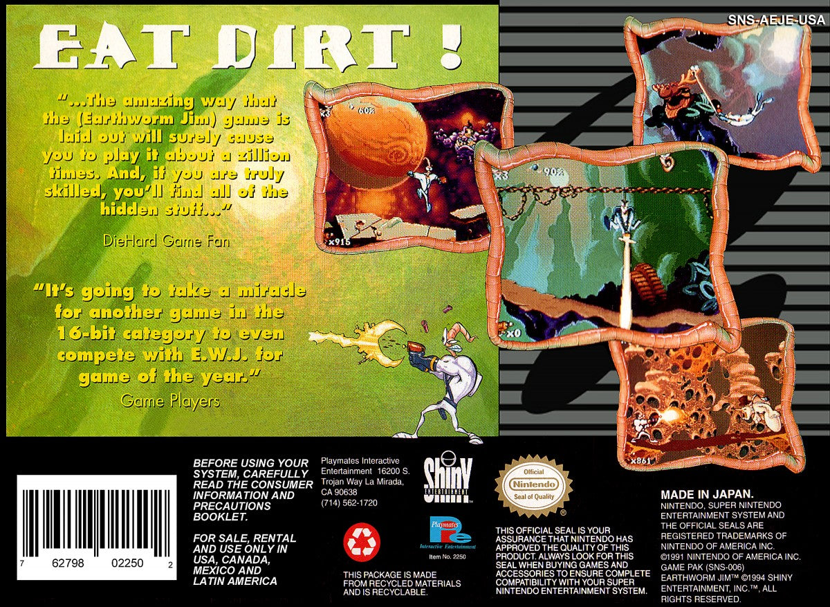 Earthworm Jim cartridge for the Super Nintendo Entertainment System featuring 16 bit side scrolling platformer action with quirky humor weapon based combat and vibrant cartoon style levels as Earthworm Jim battles enemies to save the galaxy back cover