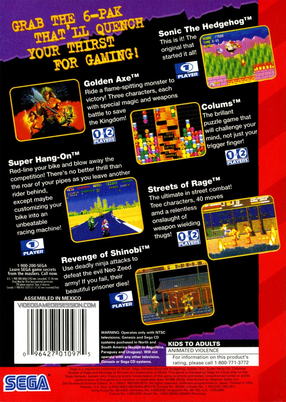 6-Pak Sega Genesis GEN video game featuring six classic Sega games in one collection arcade style action platforming sports and puzzle gameplay retro gaming variety multiple game collection classic 16 bit Sega gameplay retro video game collection collectible gaming appeal back cover art
