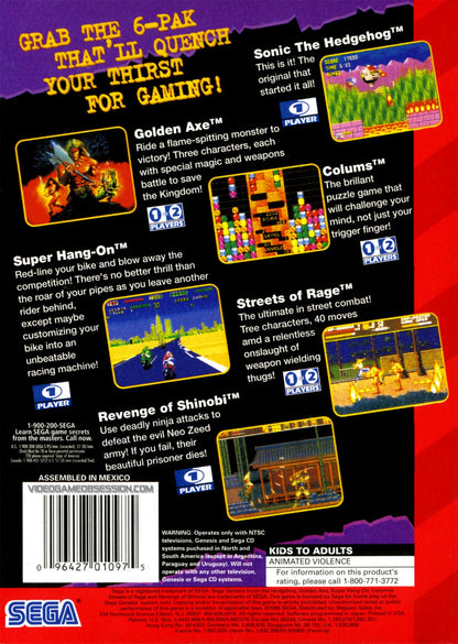 6-Pak Sega Genesis GEN video game featuring six classic Sega games in one collection arcade style action platforming sports and puzzle gameplay retro gaming variety multiple game collection classic 16 bit Sega gameplay retro video game collection collectible gaming appeal back cover art