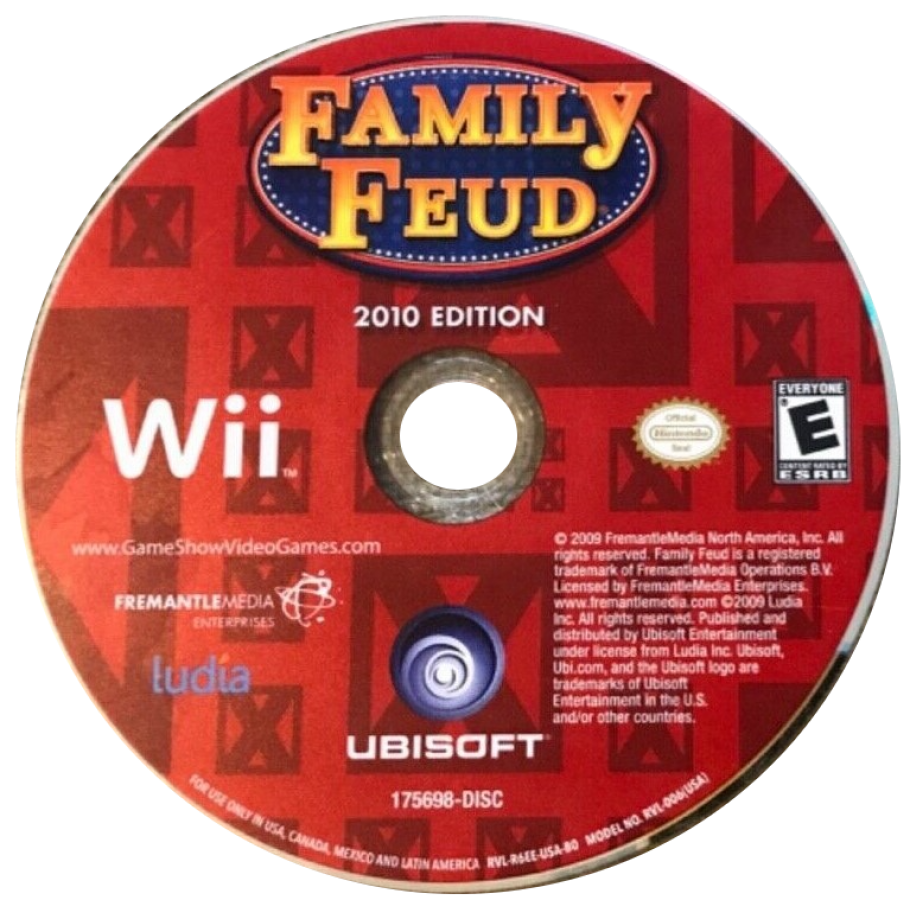 Family Feud 2010 Edition Wii video game featuring interactive party trivia gameplay based on the classic Family Feud, customizable contestant play local multiplayer buzzing in survey questions and casual family friendly competition designed for Nintendo Wii motion controls. disc