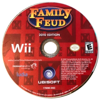 Family Feud 2010 Edition Wii video game featuring interactive party trivia gameplay based on the classic Family Feud, customizable contestant play local multiplayer buzzing in survey questions and casual family friendly competition designed for Nintendo Wii motion controls. disc