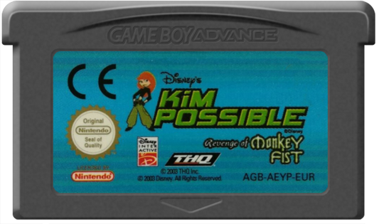 Disney’s Kim Possible Revenge of Monkey Fist Game Boy Advance GBA video game, action platformer, cartoon-based adventure, handheld console title cartridge art
