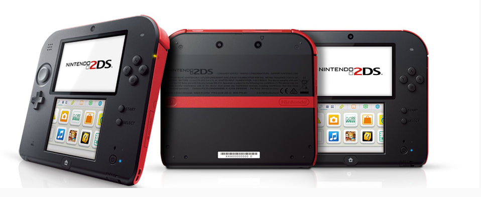 Composite view of a black and red Nintendo 2DS handheld console showing the front with dual screens and buttons, the back with cartridge slot and logo, and the side profile with shoulder buttons and stylus holder.