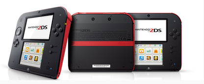 Composite view of a black and red Nintendo 2DS handheld console showing the front with dual screens and buttons, the back with cartridge slot and logo, and the side profile with shoulder buttons and stylus holder.