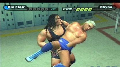 Retro WWE SmackDown Shut Your Mouth Greatest Hits PS2 inspired design featuring classic wrestling entertainment aesthetic vintage PlayStation 2 arena combat superstar roster grappling strikes entrances storyline mode sports entertainment chaos nostalgic WWE wrestling game presentation - gameplay