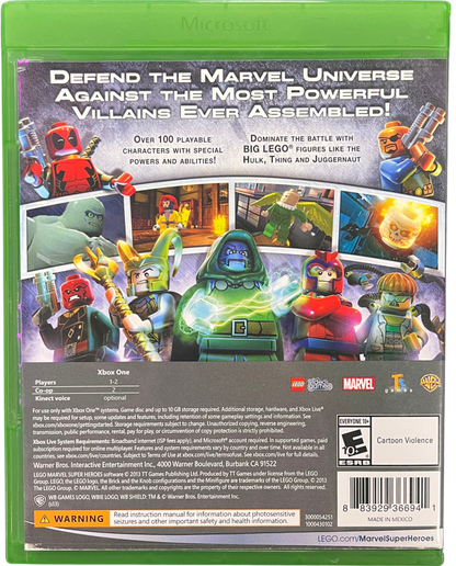 LEGO Marvel Super Heroes Xbox One for retro video game enthusiasts featuring action adventure gameplay LEGO styled superhero characters open world exploration cooperative puzzle solving comic inspired missions humorous storytelling and collectible gaming appeal back cover 