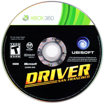 Driver San Francisco Xbox 360 open world racing video game featuring high-speed car chases city driving missions vehicle switching stunt driving police pursuits licensed vehicles and classic Xbox 360 gameplay collectible retro gaming appeal disc