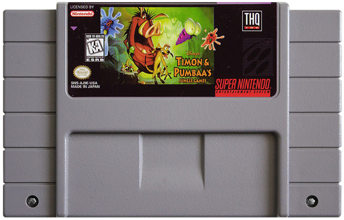 Timon and Pumbaa Jungle Games Super Nintendo Entertainment System SNES video game featuring mini game collection gameplay Timon and Pumbaa characters jungle themed challenges arcade style activities puzzle games action challenges and classic 16 bit Nintendo gameplay retro video game collection collectible gaming appeal game cartridge