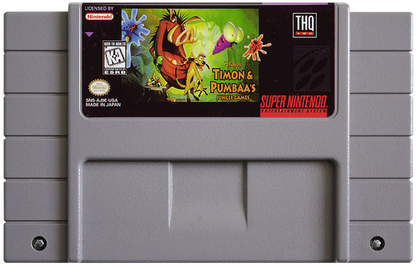 Timon and Pumbaa Jungle Games Super Nintendo Entertainment System SNES video game featuring mini game collection gameplay Timon and Pumbaa characters jungle themed challenges arcade style activities puzzle games action challenges and classic 16 bit Nintendo gameplay retro video game collection collectible gaming appeal game cartridge