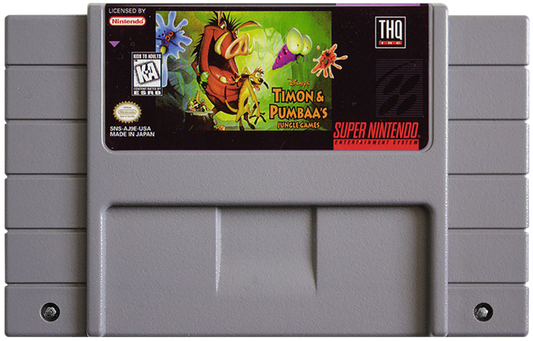 Timon and Pumbaa Jungle Games Super Nintendo Entertainment System SNES video game featuring mini game collection gameplay Timon and Pumbaa characters jungle themed challenges arcade style activities puzzle games action challenges and classic 16 bit Nintendo gameplay retro video game collection collectible gaming appeal game cartridge