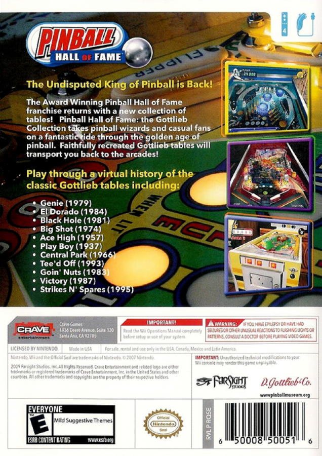 Pinball Hall of Fame: The Gottlieb Collection – Nintendo Wii (Wii) classic pinball simulation arcade video game back of case