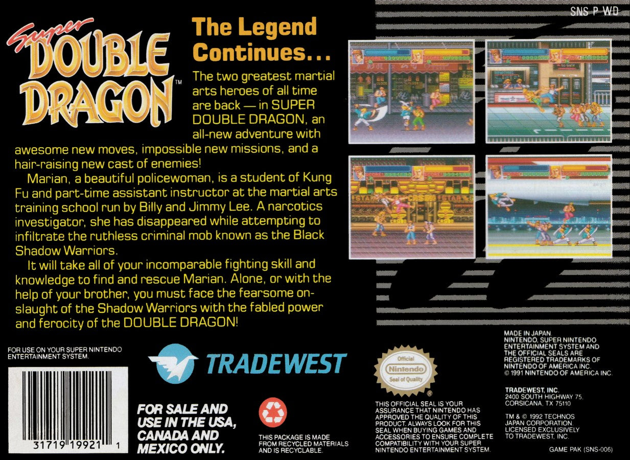 Super Double Dragon for Super Nintendo side scrolling beat em up featuring Billy and Jimmy Lee martial arts combat co op multiplayer and street fighting gameplay back cover art