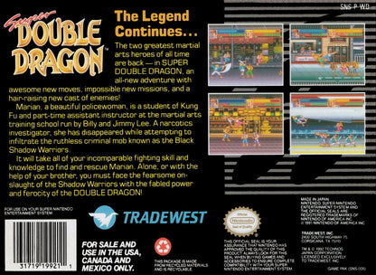 Super Double Dragon for Super Nintendo side scrolling beat em up featuring Billy and Jimmy Lee martial arts combat co op multiplayer and street fighting gameplay back cover art