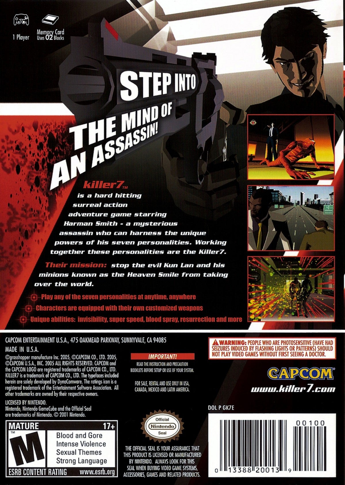 Killer7 Nintendo GameCube GCN for action adventure video game fans featuring stylish cel shaded visuals psychological thriller storyline first person shooting puzzle solving multiple playable assassins unique gameplay mechanics surreal atmosphere cult classic Capcom adventure collectible gaming appeal back cover art