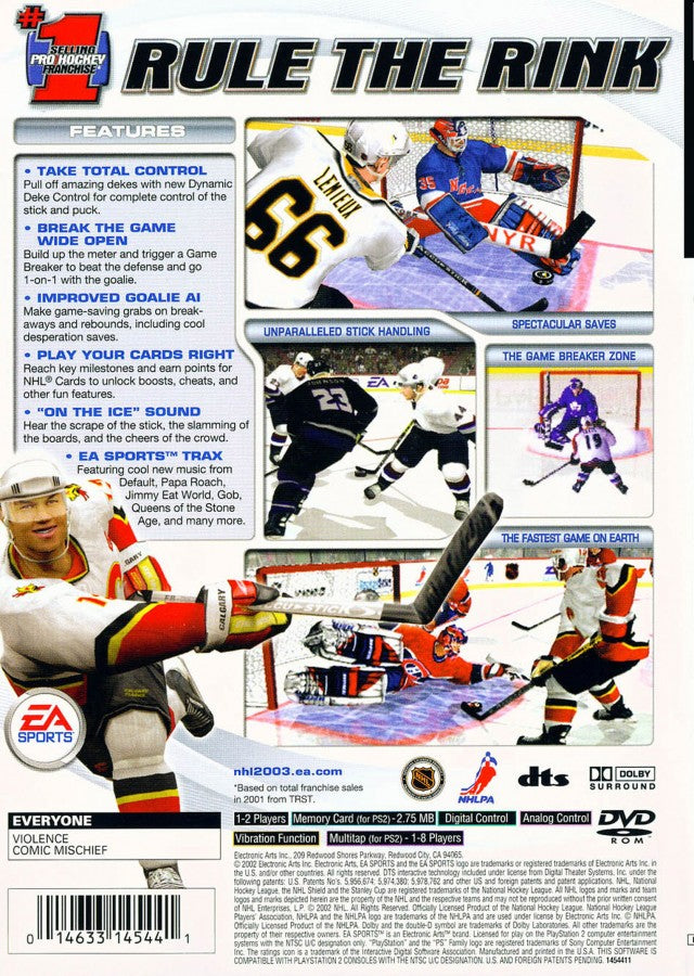 NHL 2003 – PlayStation 2 (PS2) video game back of case, ice hockey sports game.