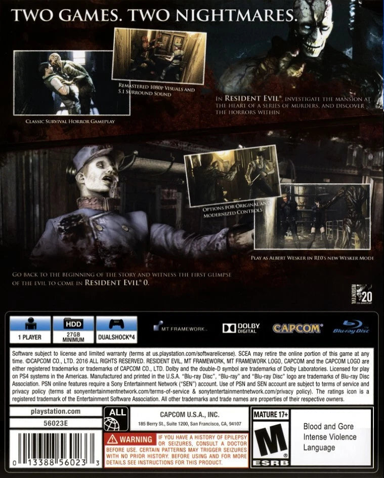 Resident Evil Origins Collection PlayStation 4 PS4 for retro video game enthusiasts featuring survival horror gameplay classic Resident Evil experiences exploration based puzzle solving tense atmospheric environments limited resources zombie and bio weapon encounters and collectible gaming appeal back art 