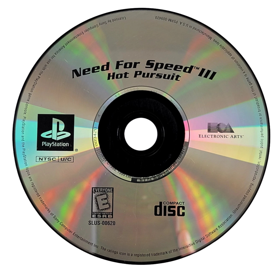 Need for Speed III Hot Pursuit Greatest Hits for PlayStation 1, disc image for an arcade racing game with exotic cars, high-speed police chases, competitive driving, and classic street racing gameplay