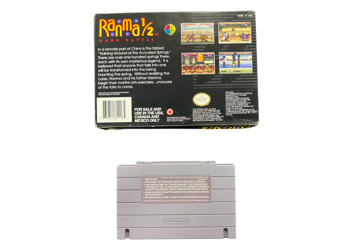 Ranma 1/2 Hard Battle Super Nintendo Entertainment System SNES for retro video game enthusiasts featuring anime inspired fighting gameplay one on one martial arts battles colorful character roster special moves competitive action classic 16 bit graphics and collectible gaming appeal back cover art cartidge 