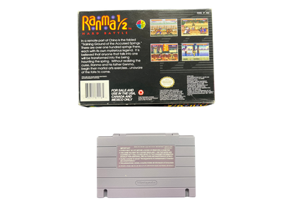 Ranma 1/2 Hard Battle Super Nintendo Entertainment System SNES for retro video game enthusiasts featuring anime inspired fighting gameplay one on one martial arts battles colorful character roster special moves competitive action classic 16 bit graphics and collectible gaming appeal back cover art cartidge 