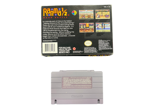 Ranma 1/2 Hard Battle Super Nintendo Entertainment System SNES for retro video game enthusiasts featuring anime inspired fighting gameplay one on one martial arts battles colorful character roster special moves competitive action classic 16 bit graphics and collectible gaming appeal back cover art cartidge 