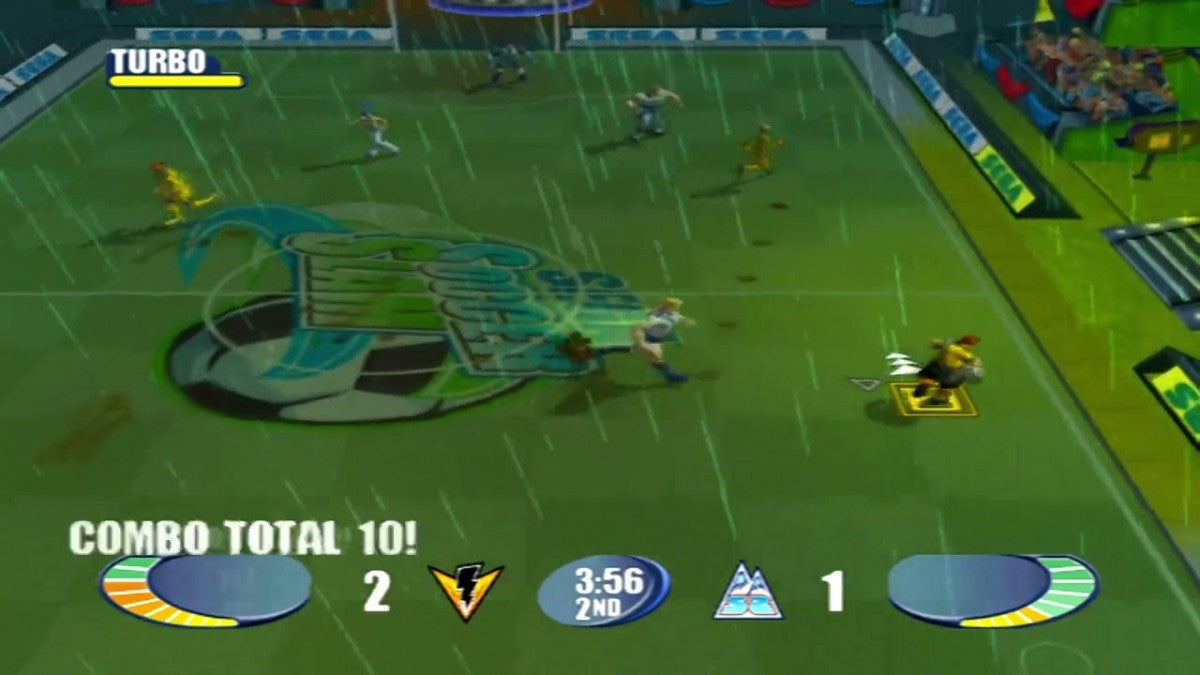 Sega Soccer Slam GameCube GC video game, arcade sports soccer, fast-paced action, multiplayer, stylized gameplay, Nintendo GameCube title gameplay
