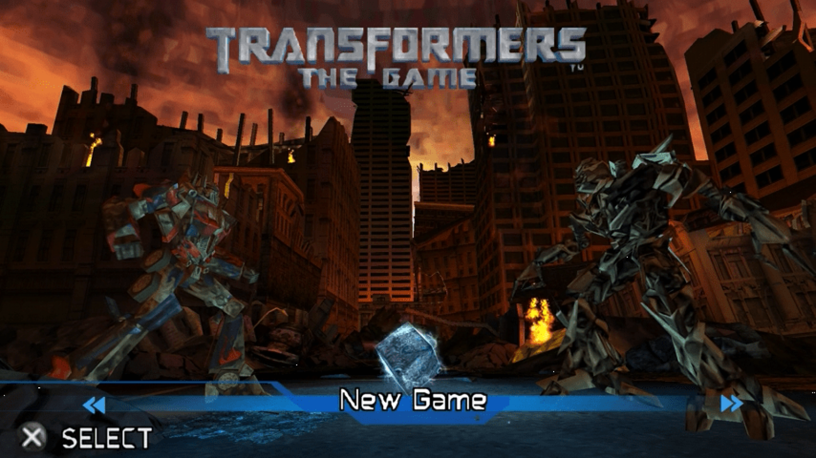 Transformers The Game PlayStation Portable PSP title screen for retro video game enthusiasts featuring action adventure gameplay robot transformation mechanics Autobot and Decepticon combat missions cinematic movie based storyline destructible environments and portable handheld explosive sci fi gaming experience and collectible gaming appeal