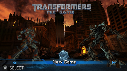 Transformers The Game PlayStation Portable PSP title screen for retro video game enthusiasts featuring action adventure gameplay robot transformation mechanics Autobot and Decepticon combat missions cinematic movie based storyline destructible environments and portable handheld explosive sci fi gaming experience and collectible gaming appeal