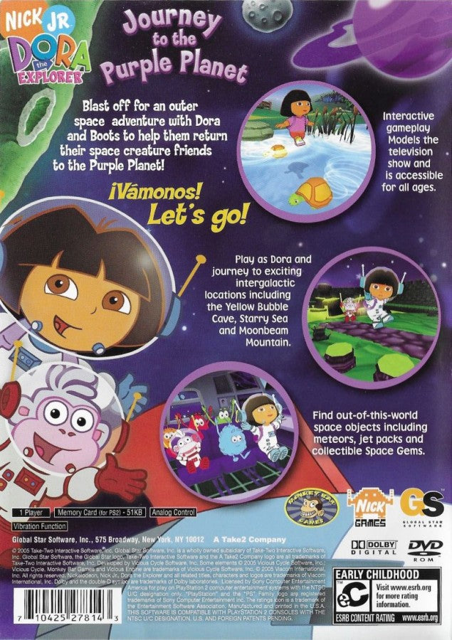 Dora the Explorer: Journey to the Purple Planet back of case for PlayStation 2 (PS2) children’s educational platform-adventure video game