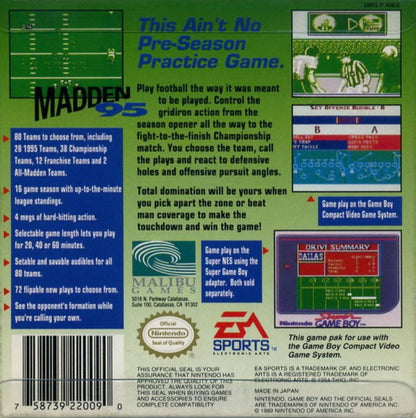 Madden NFL 95 back cover art for Game Boy (GB) video game 