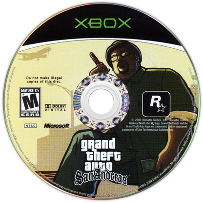 Grand Theft Auto San Andreas Microsoft Xbox Original Xbox video game featuring open world action adventure gameplay Los Santos San Fierro Las Venturas exploration driving missions combat character customization and crime themed story retro video game collection collectible gaming appeal disc