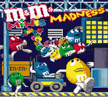 M&M Mini's Madness Game Boy Color GBC puzzle action video game featuring colorful M&M's characters fast-paced challenges maze-style gameplay collectible items obstacles entertaining levels and classic Game Boy Color GBC gaming collectible retro gaming appeal start screen gameplay