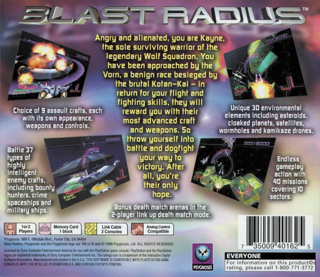 Blast Radius PS1 PlayStation 1 space combat shooter sci fi dogfighting action game retro video game back of case