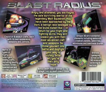 Blast Radius PS1 PlayStation 1 space combat shooter sci fi dogfighting action game retro video game back of case