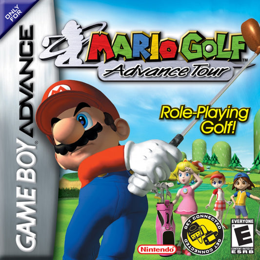 Mario Golf Advance Tour for Game Boy Advance golf sports RPG featuring Mario characters tournament mode story mode character progression handheld gameplay cover