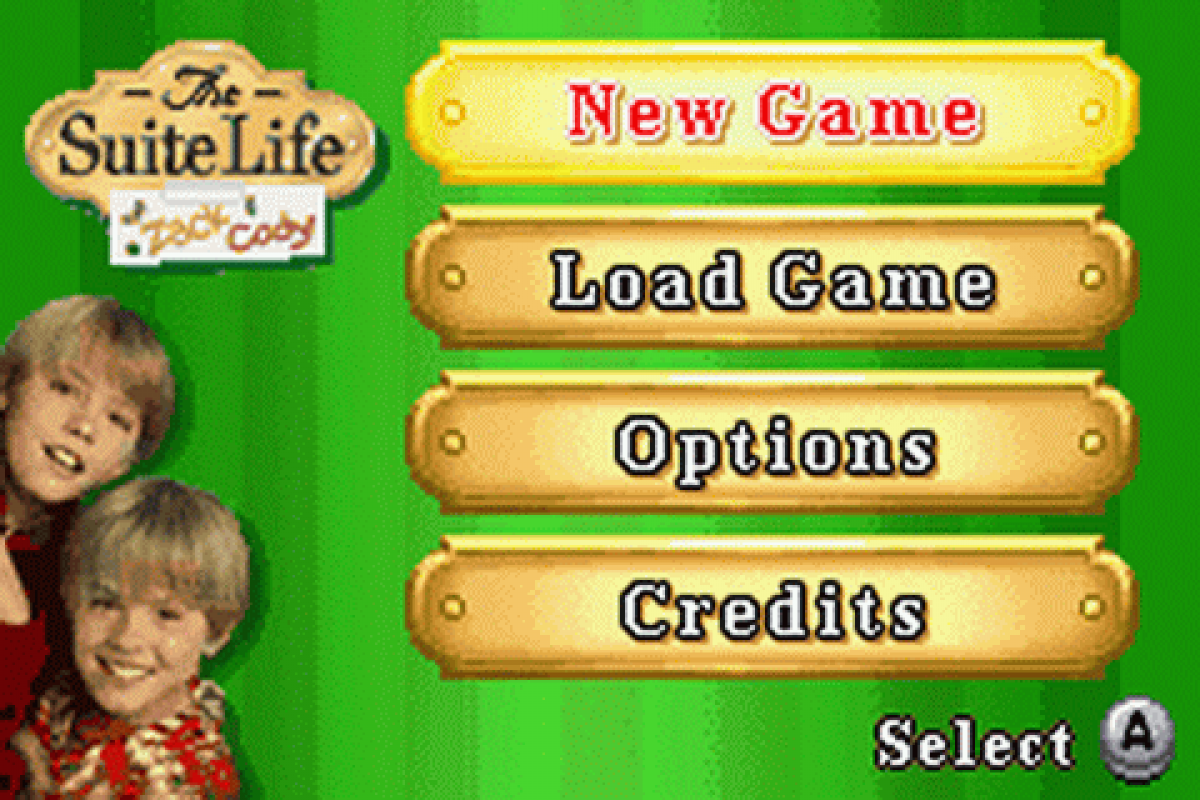Suite Life of Zack and Cody Tipton Caper for Game Boy Advance, title screen for an action platformer video game with side-scrolling gameplay, stealth elements, puzzle challenges, and TV show-inspired adventure
