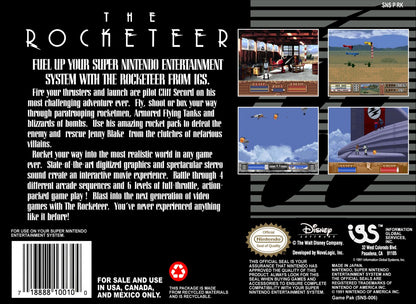 The Rocketeer Super Nintendo Entertainment System SNES retro video game action adventure featuring jetpack flight aerial combat enemy battles platforming gameplay classic 16 bit graphics based on The Rocketeer Super Nintendo gaming experience retro game collection appeal back cover art