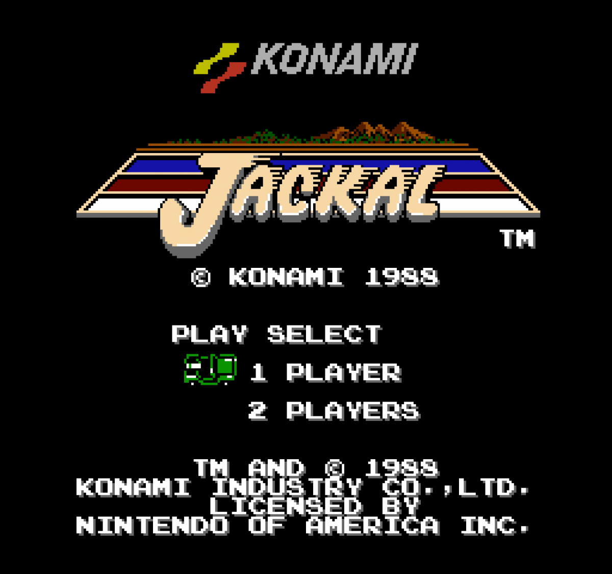Jackal Nintendo Entertainment System NES video game, top-down action shooter, military combat gameplay, classic Konami retro title player select title screen