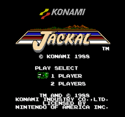 Jackal Nintendo Entertainment System NES video game, top-down action shooter, military combat gameplay, classic Konami retro title player select title screen