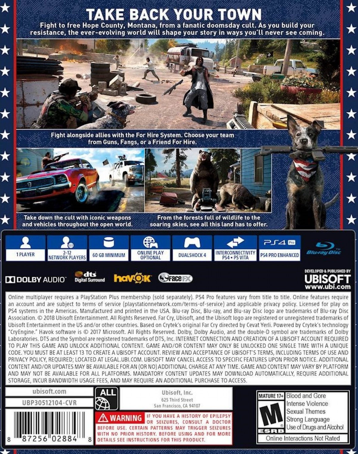 Far Cry 5 PlayStation 4 PS4 for open world first person shooter video game fans featuring expansive Montana environments intense gunfights enemy outposts vehicle combat hunting crafting character customization cooperative multiplayer missions and action packed resistance gameplay collectible gaming appeal back cover art