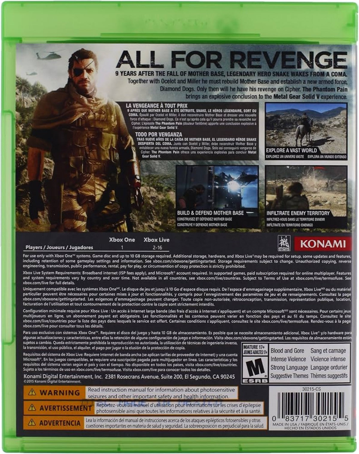 Metal Gear Solid V The Phantom Pain Xbox One XONE for stealth action video game fans featuring open world exploration tactical infiltration military missions base management weapon customization enemy outposts vehicle combat companion support strategic gameplay cinematic storytelling and immersive espionage adventure collectible gaming appeal back cover art