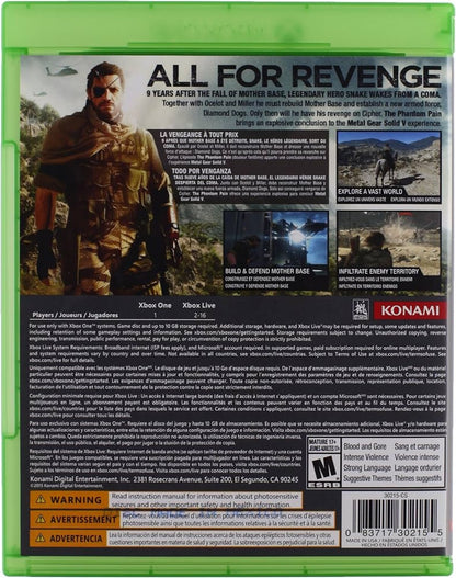 Metal Gear Solid V The Phantom Pain Xbox One XONE for stealth action video game fans featuring open world exploration tactical infiltration military missions base management weapon customization enemy outposts vehicle combat companion support strategic gameplay cinematic storytelling and immersive espionage adventure collectible gaming appeal back cover art
