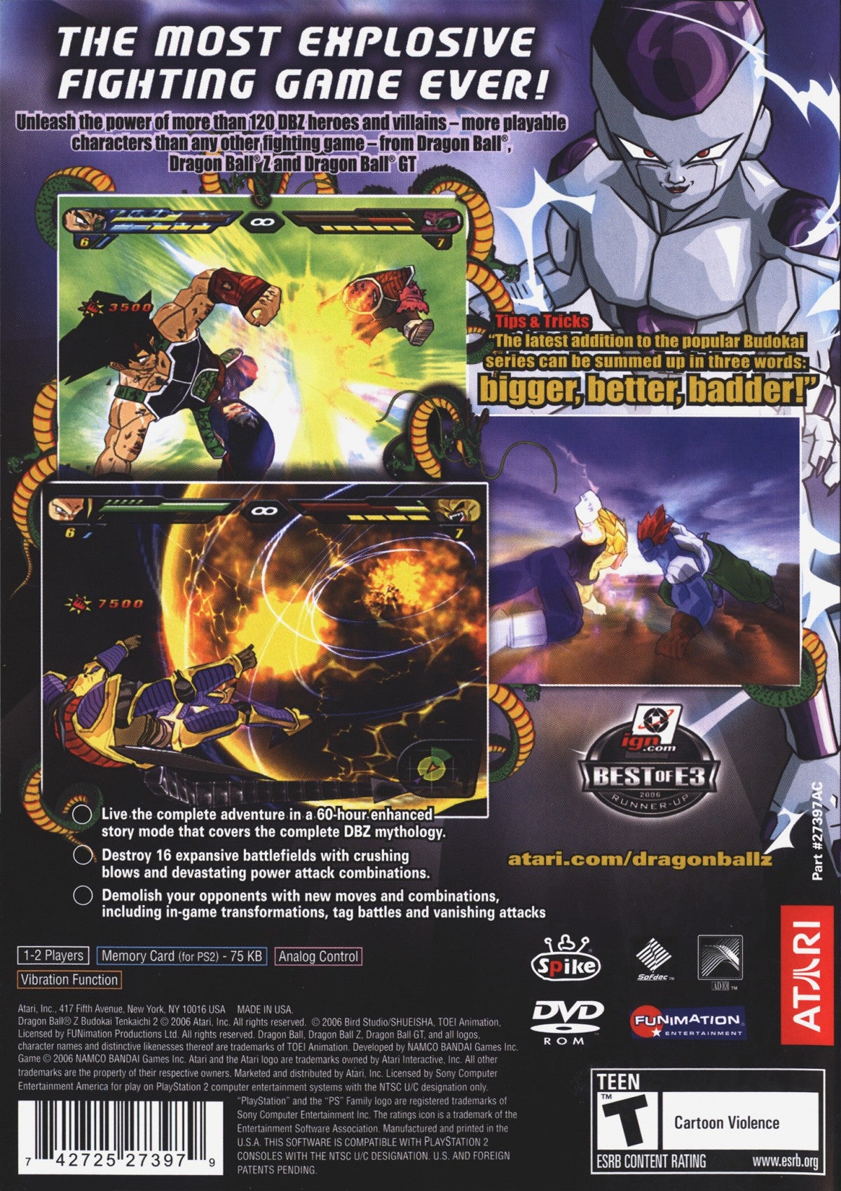 Dragon Ball Z Budokai Tenkaichi 2 PlayStation 2 PS2 3D fighting action video game massive character roster destructible environments beam struggles transformations flying combat Dragon Dash mechanic story mode covering Saiyan to Buu sagas back cover