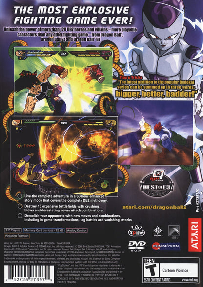 Dragon Ball Z Budokai Tenkaichi 2 PlayStation 2 PS2 3D fighting action video game massive character roster destructible environments beam struggles transformations flying combat Dragon Dash mechanic story mode covering Saiyan to Buu sagas back cover