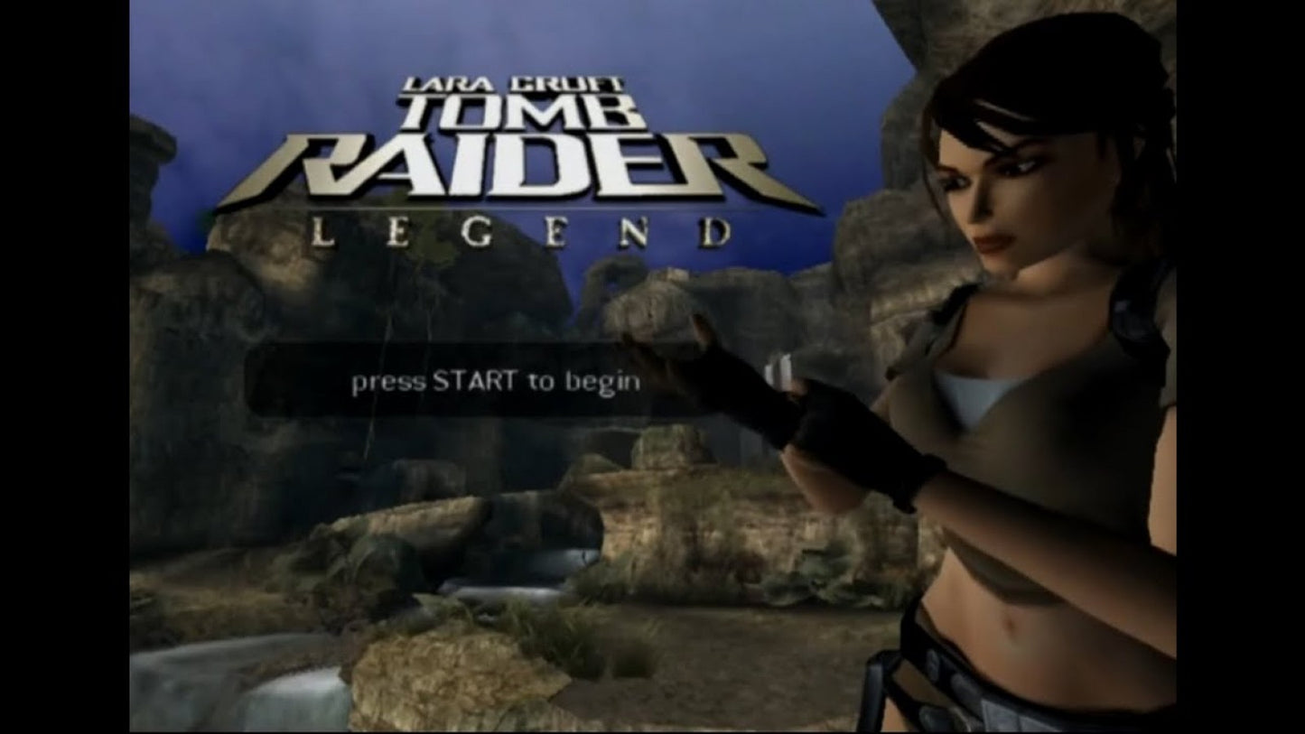 Tomb Raider Legend GameCube GC video game, action adventure, exploration and puzzle solving, Lara Croft, cinematic gameplay, Nintendo GameCube title main menu title screen