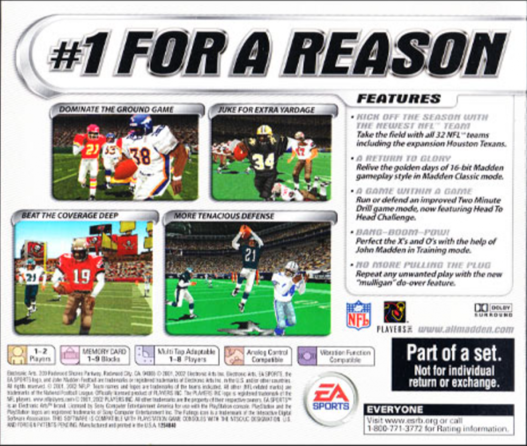 Madden NFL 2002 Collector’s Edition PlayStation 1 PS1 video game, American football sports simulation, classic Madden gameplay, franchise and multiplayer modes back cover
