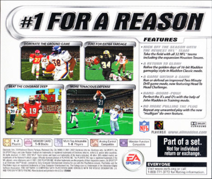 Madden NFL 2002 Collector’s Edition PlayStation 1 PS1 video game, American football sports simulation, classic Madden gameplay, franchise and multiplayer modes back cover