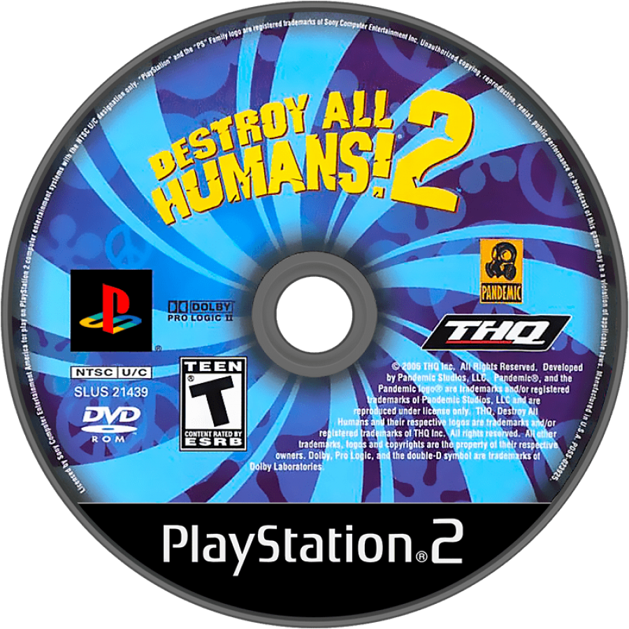 Destroy All Humans 2 PS2 Sony PlayStation 2 action adventure game open world alien invasion Crypto alien sci fi humor sandbox gameplay destruction weapons gadgets multiplayer split screen THQ Pandemic Studios PlayStation 2 software video game title disc